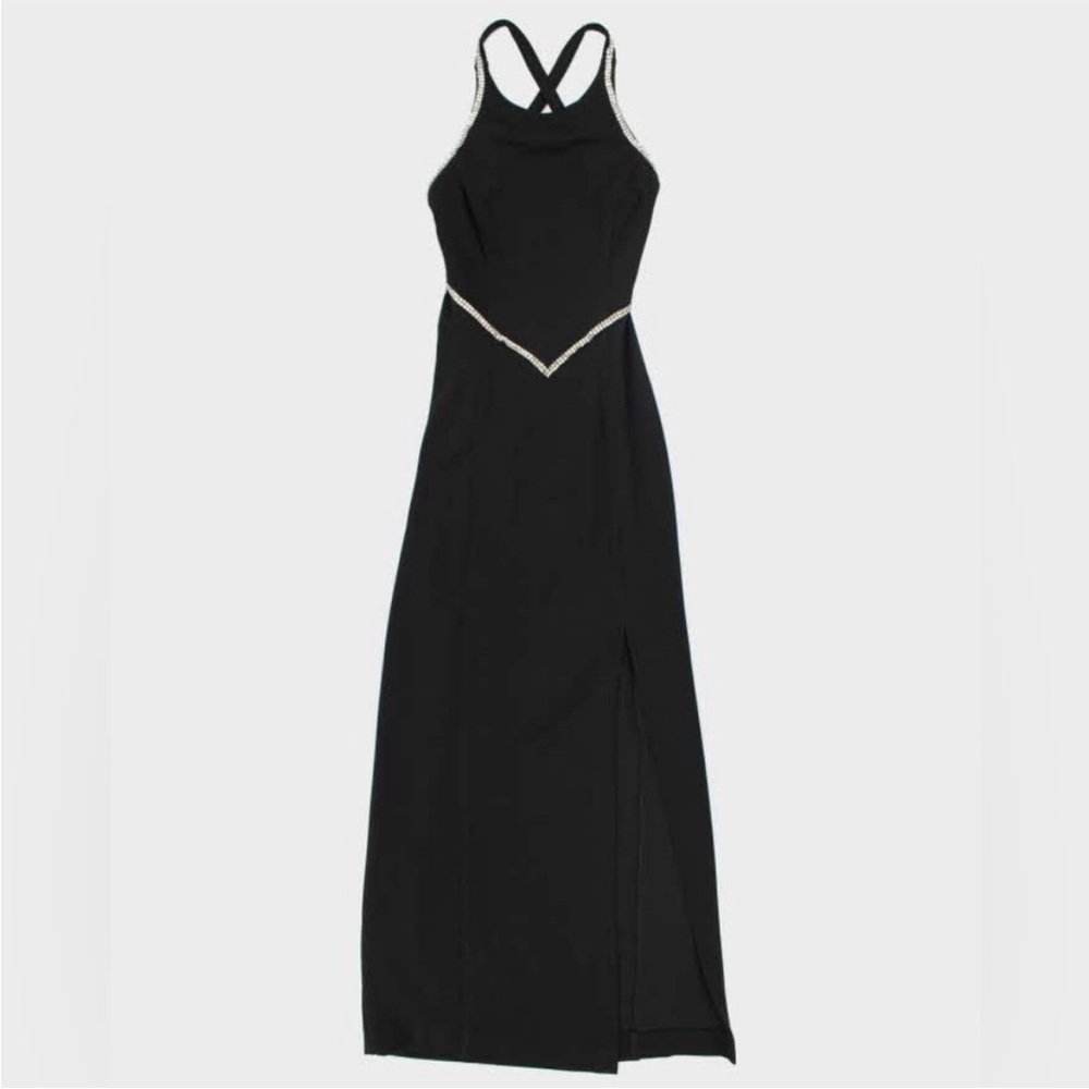 Vintage 90s Algo Black Backless Rhinestone Maxi Dress